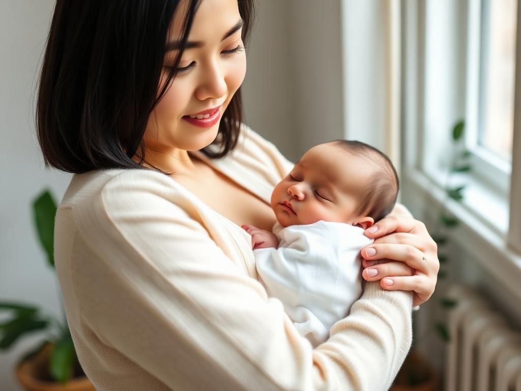Mãe com traços orientais segurando o bebê com carinho