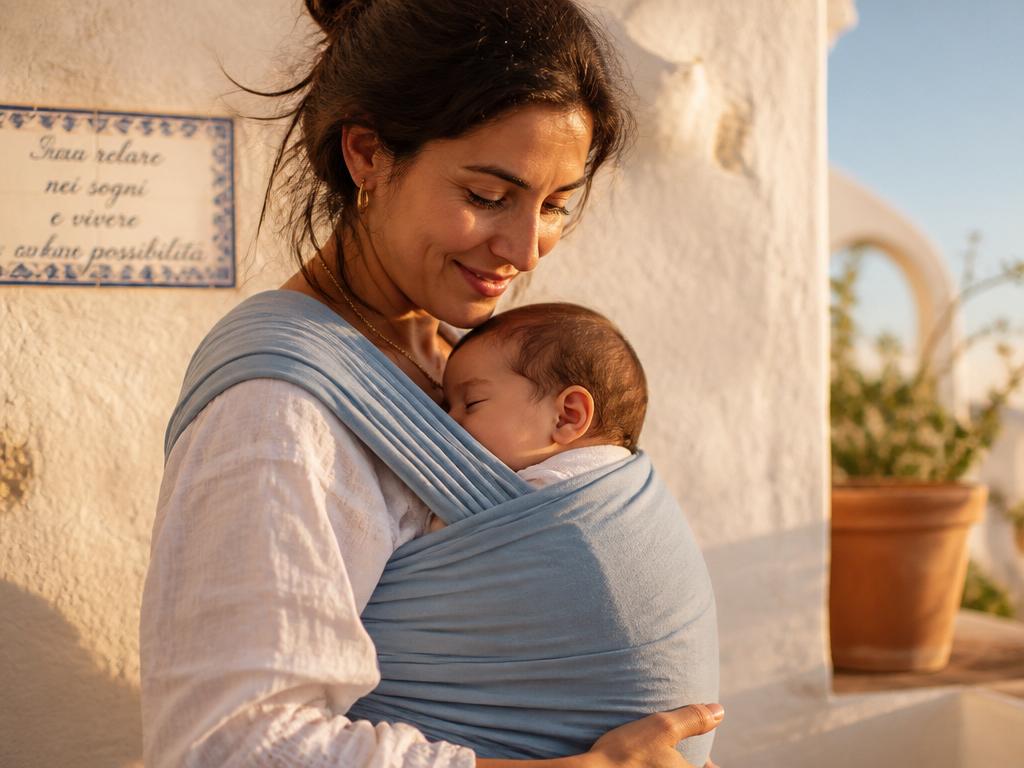 Mãe com traços italianos carregando o bebê em um sling