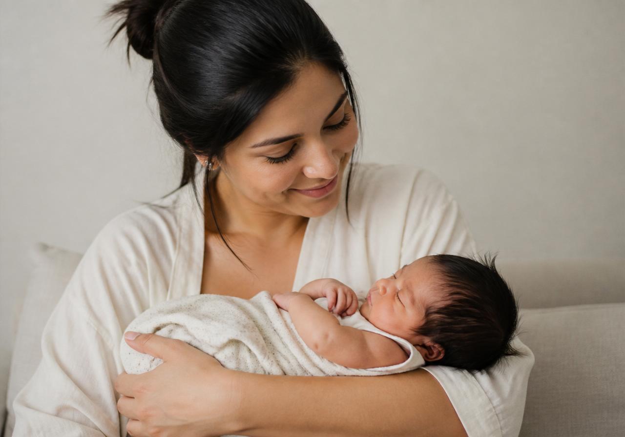 Mãe segurando o recém-nascido nos braços com ternura
