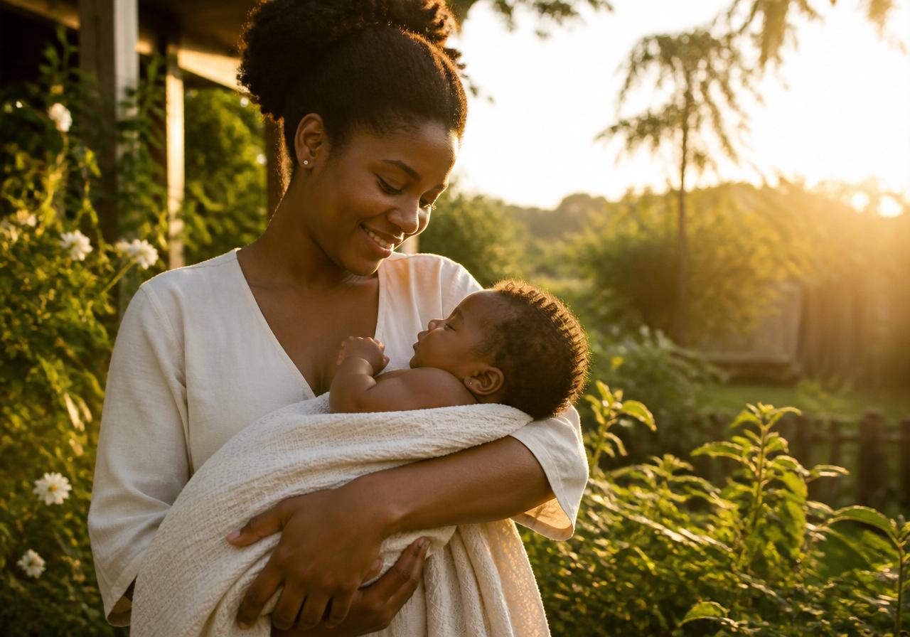 Mãe ao entardecer carregando o bebê no jardim