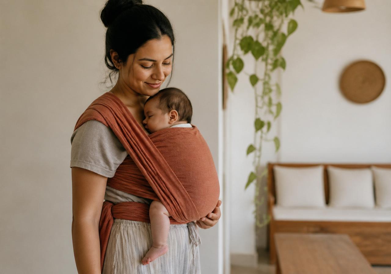 Mãe carregando o bebê em um sling junto ao peito